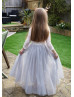 Ivory Lace Gray Tulle Cheap Flower Girl Dress